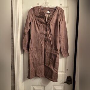 Boden Shift Shirt Dress Denim Long Sleeve Pockets Split Neck Brown Size 4